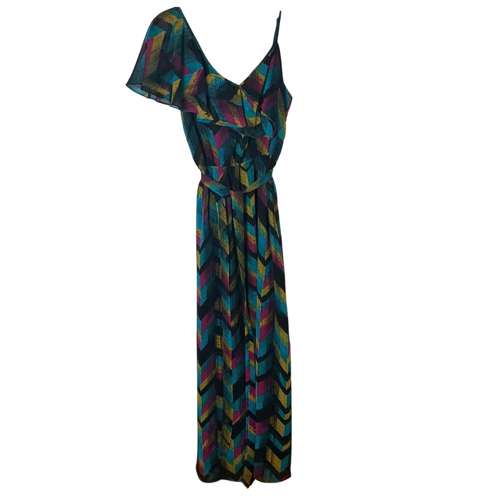 Allen B Schwartz Y2K Party Maxi Dress Sz 4 One Shoulder Ruffle Geometric